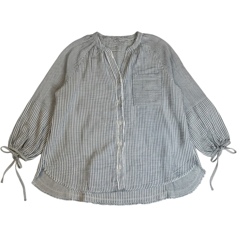 Aerie Striped Gauze Button Down Top Blue White Fringe Tie Sleeve Large